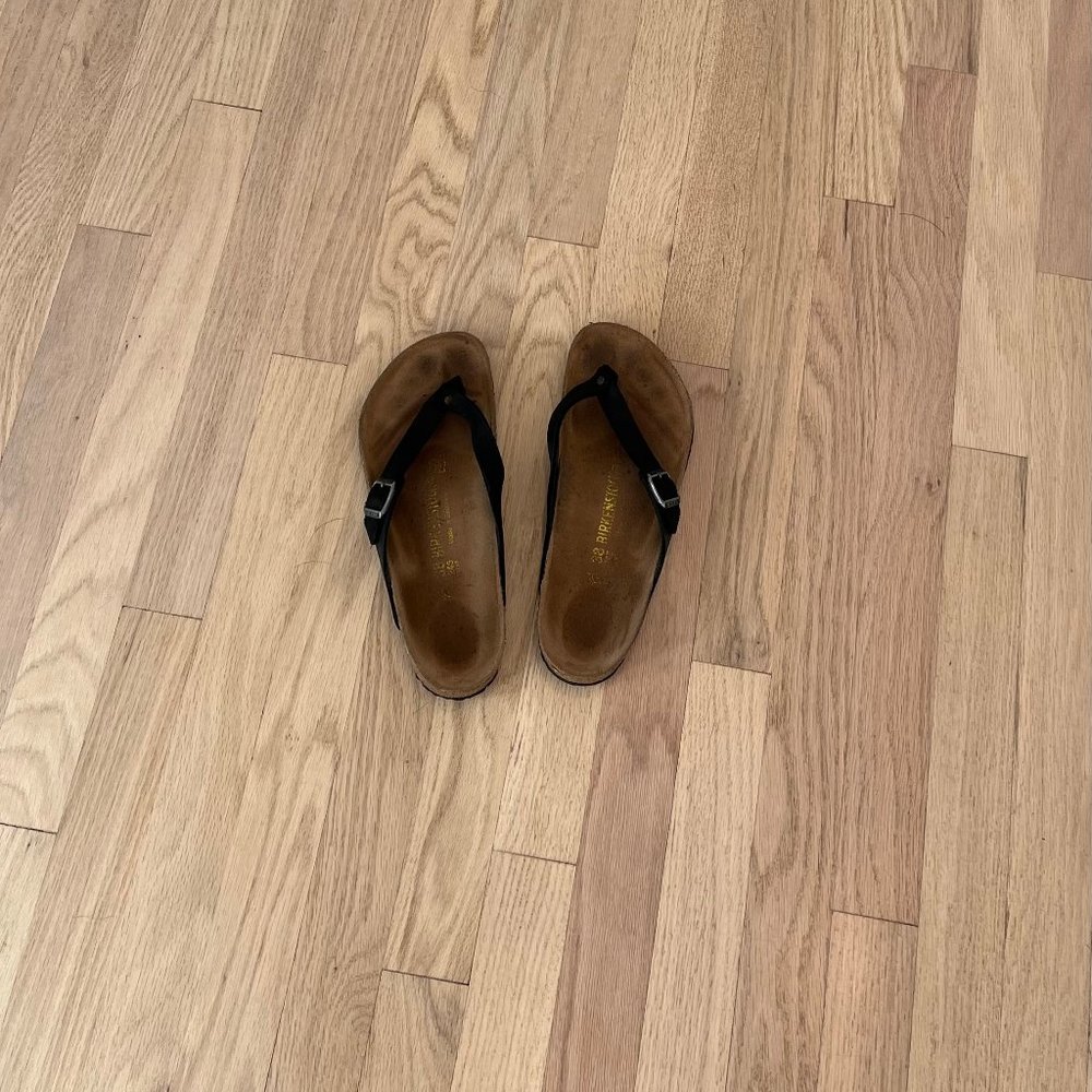 Birkenstock black leather flip flops